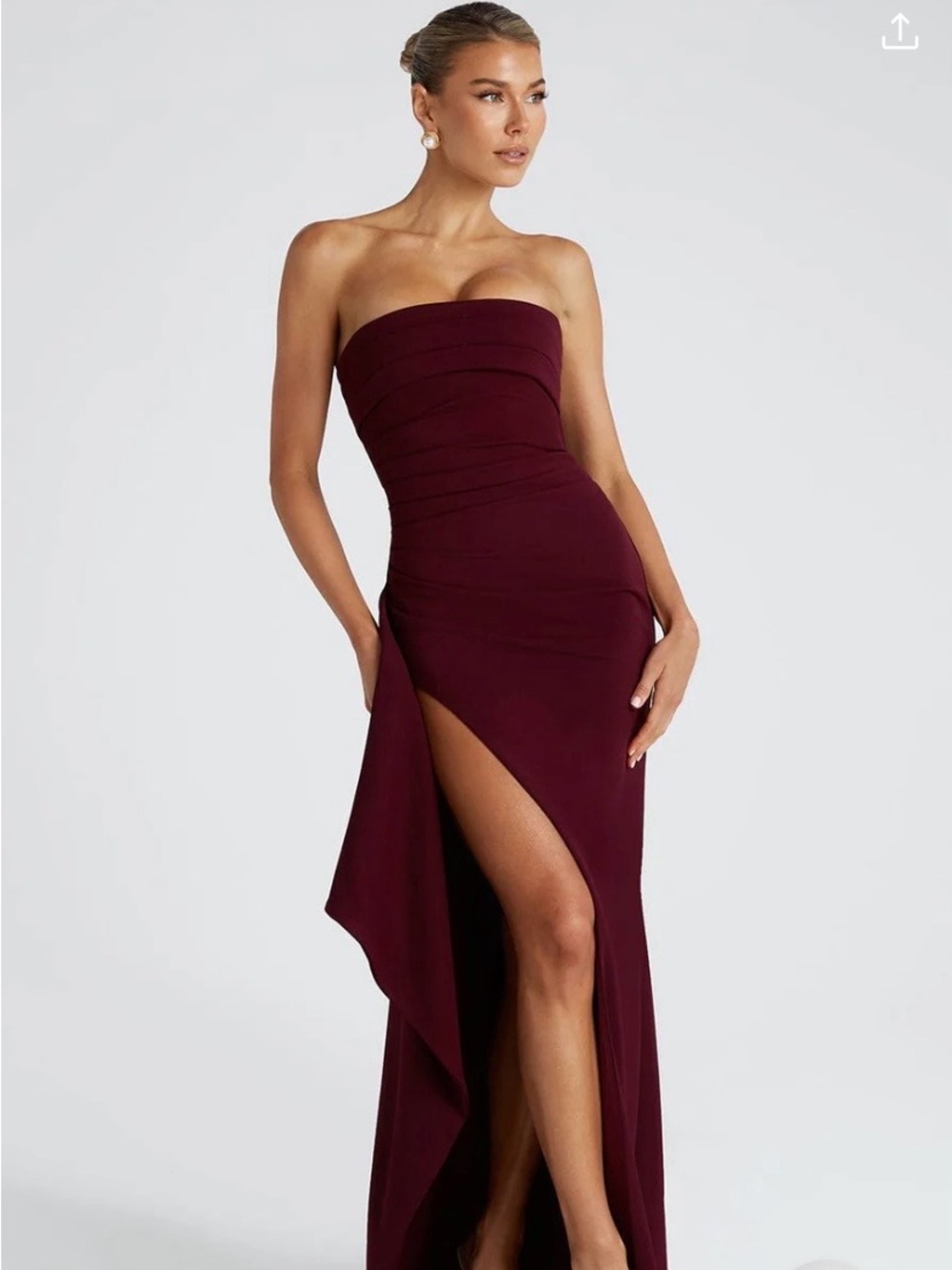 Strapless Burgundy Evening Gown with High Slit